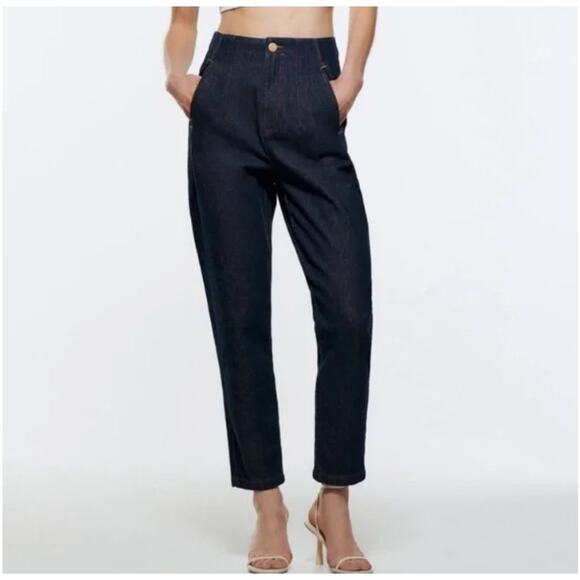 Zara High Rise Tailored Fit Jeans High Rise Cotton Indigo Blue Women's XL - Picture 1 of 13